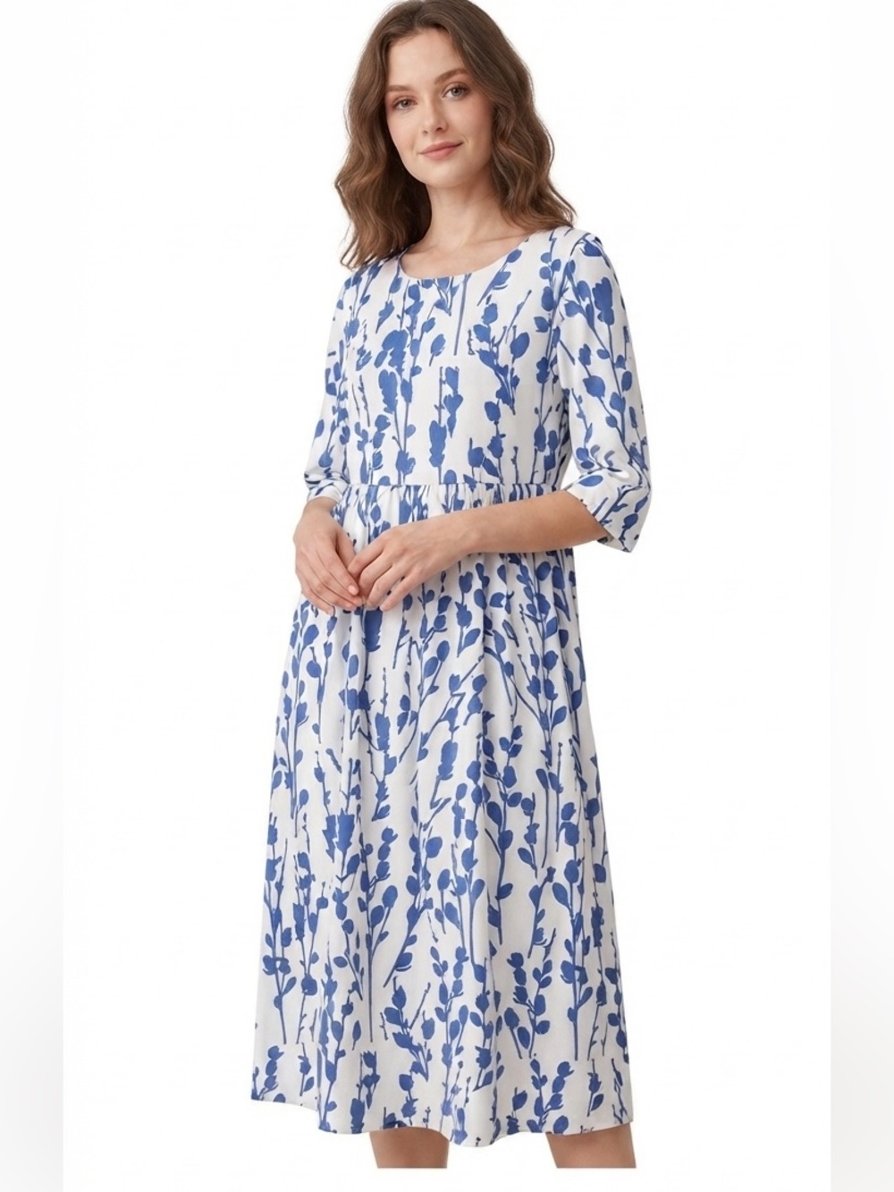 Yujie Cornflower Blue and White Midi Dress -Half Sleeve